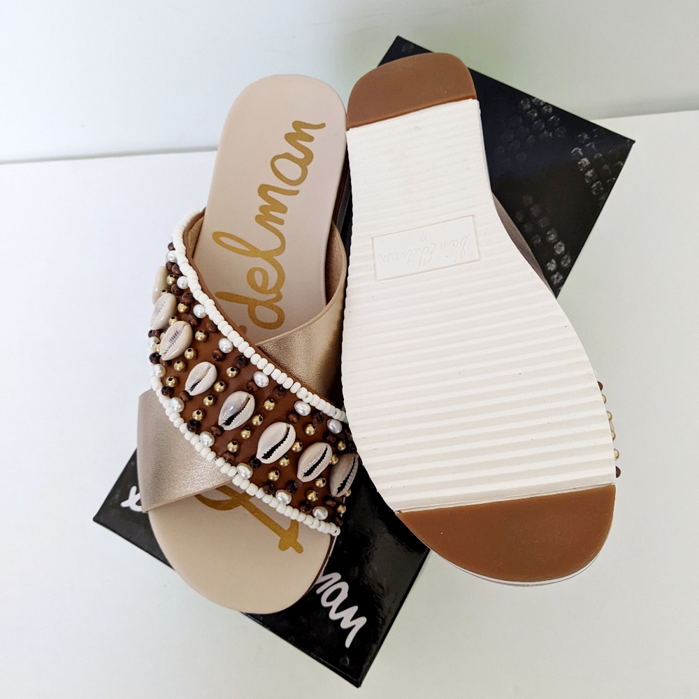 SAM Edelman Austen Platform Slip on Sandals Gold Leather Cowrie Shell Beads - Picture 10 of 12
